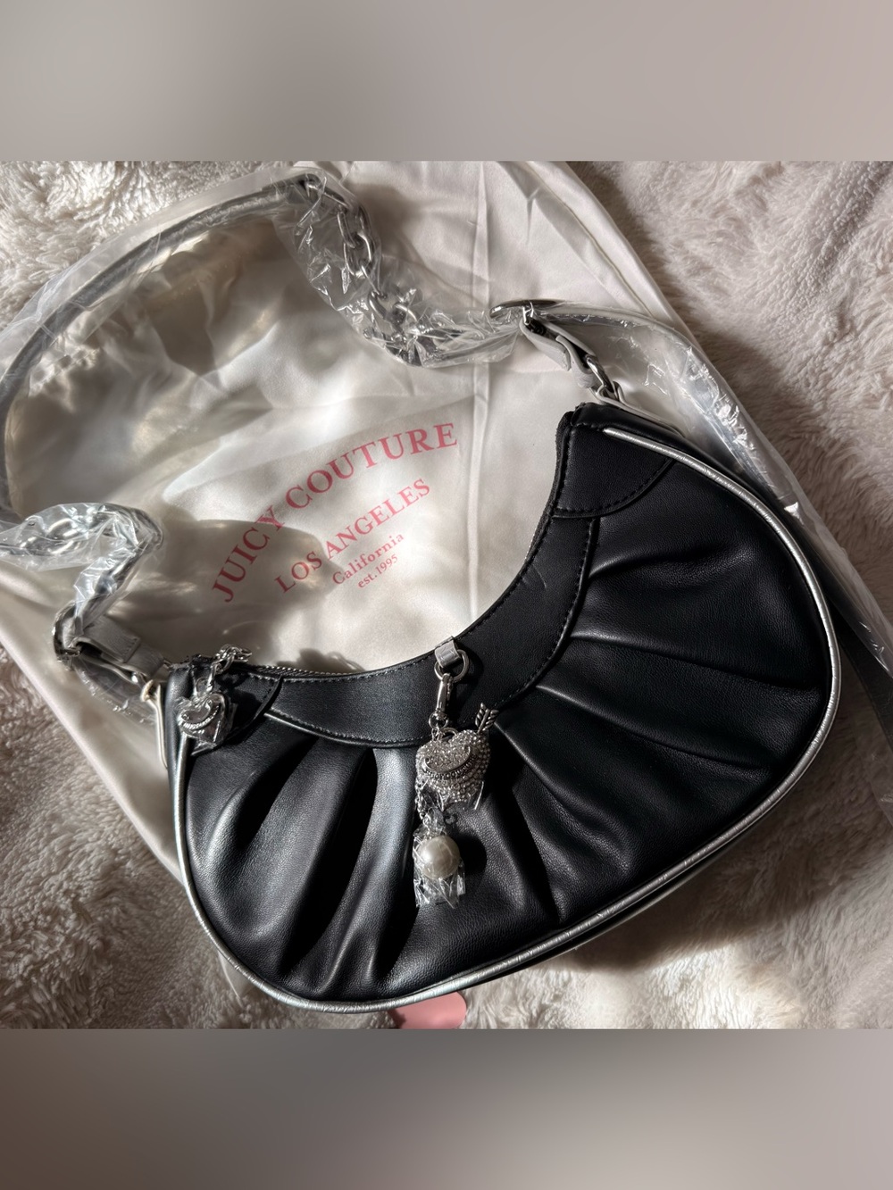 Juicy Couture Black Pleated Shoulder Bag with Silver Hardware & Charm + Dust Bag